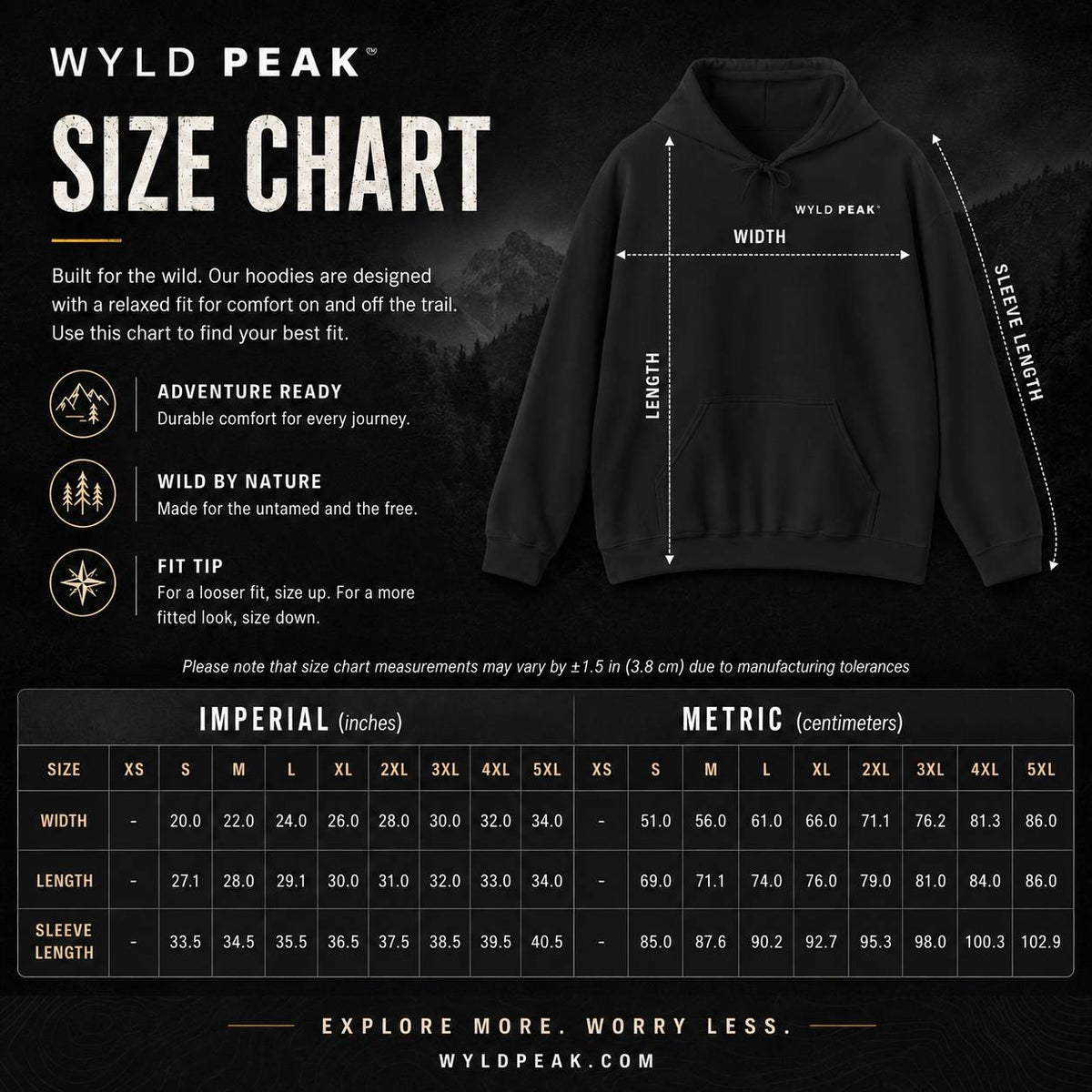 A size chart graphic for Wyld Peak hoodies, showing a black hoodie with overlaid measurement lines for width, length, and sleeve length, plus a size table at the bottom with imperial and metric measurements.