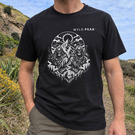 A man wearing a black crewneck t-shirt with a white graphic print of two hooded figures in front of a mountain peak under a sun, with the text 'WYLD PEAK' printed above. The background is an outdoor grassy landscape with a blue sky.