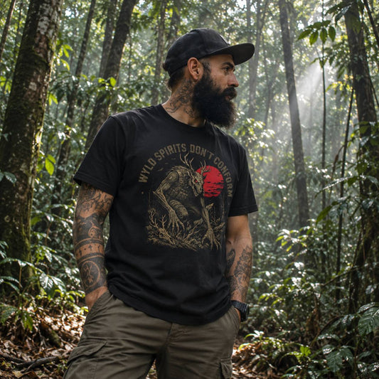 A bearded man wearing a black graphic t-shirt and a black baseball cap stands in a misty, green forest. The t-shirt features a graphic of a wild boar with a red deer skull and the text 'WYLD SPIRITS DON'T CONFUSE'.
