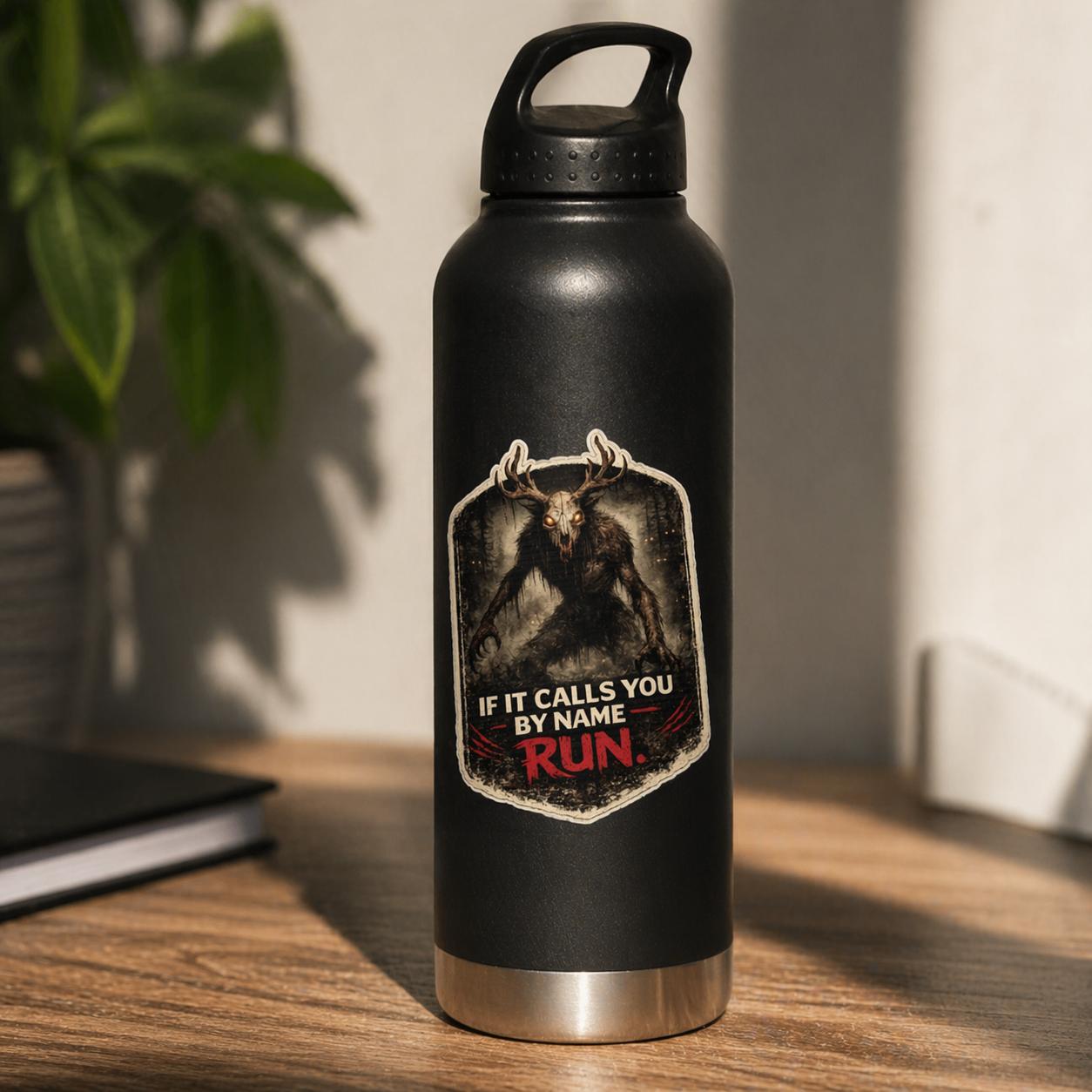 Black water bottle with a graphic design and text on a wooden surface