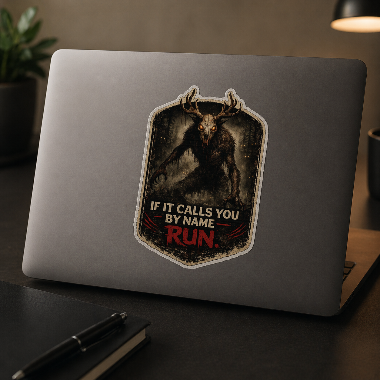 Laptop with a sticker of a creature and text 'If it calls you by name, run' on a dark surface.
