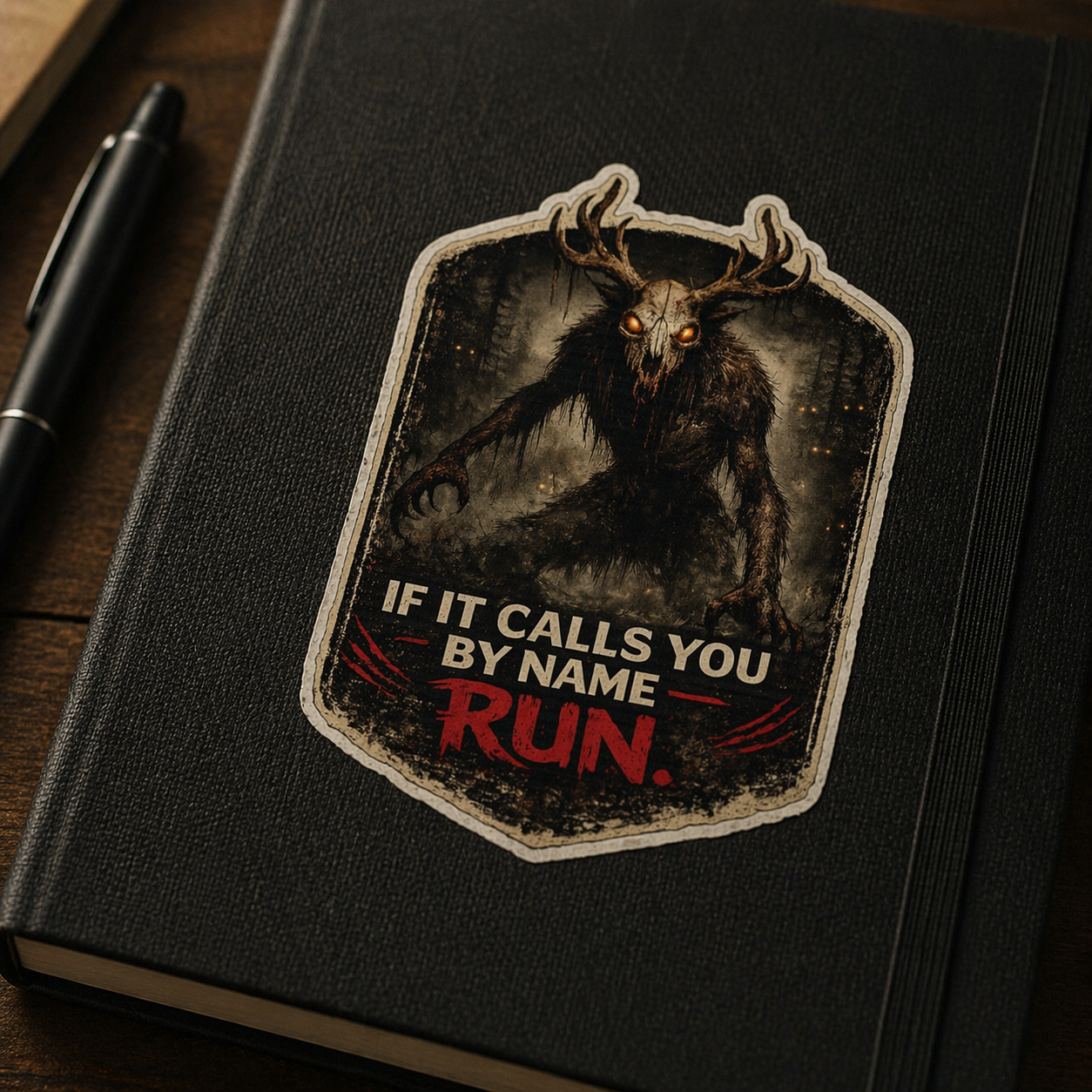 Black notebook with a patch featuring a creature and text 'If it calls you by name, run.' on a wooden surface.