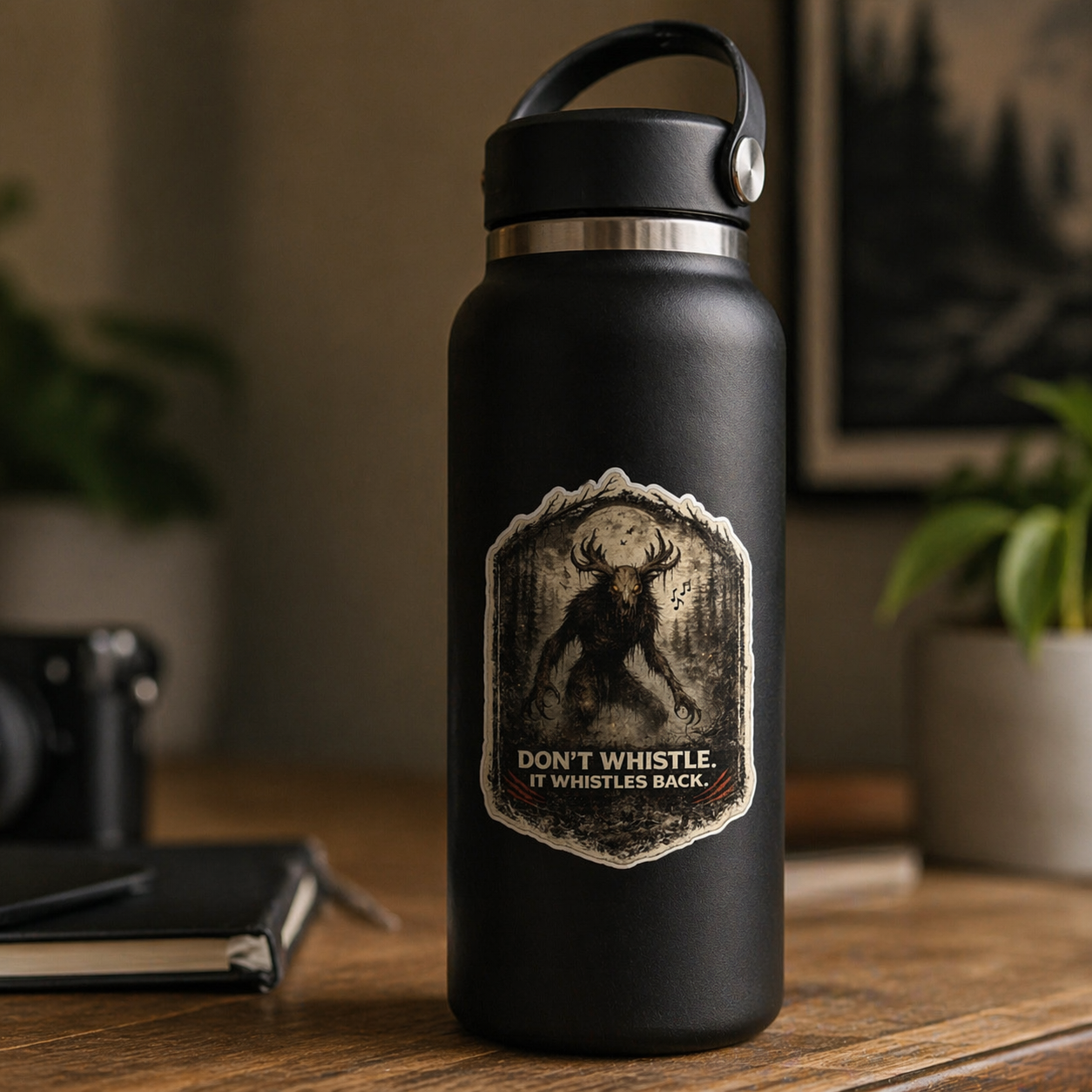 Black water bottle with a label featuring a bear and text on a wooden surface.