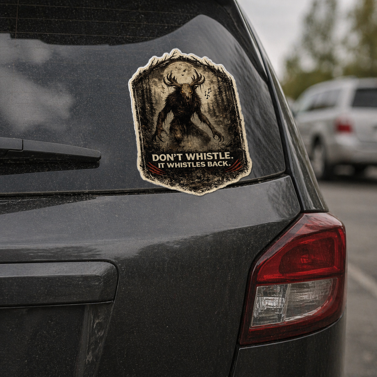 Sticker on a car's rear window with a skinwalker deer design and text 'Don't Whistle, It Whistles Back'.