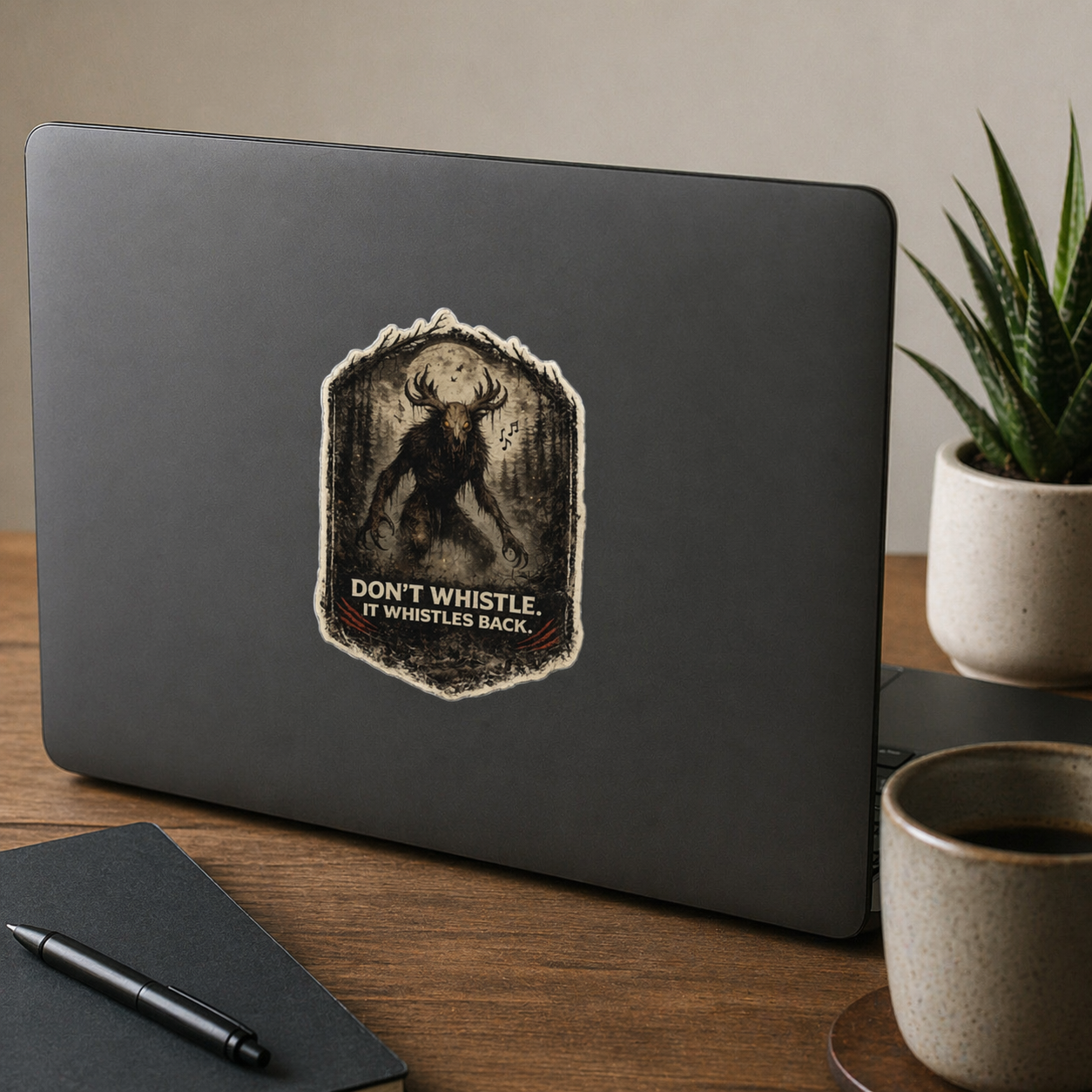 Black laptop with a skinwalker cryptid sticker on a wooden desk with a plant and mug.