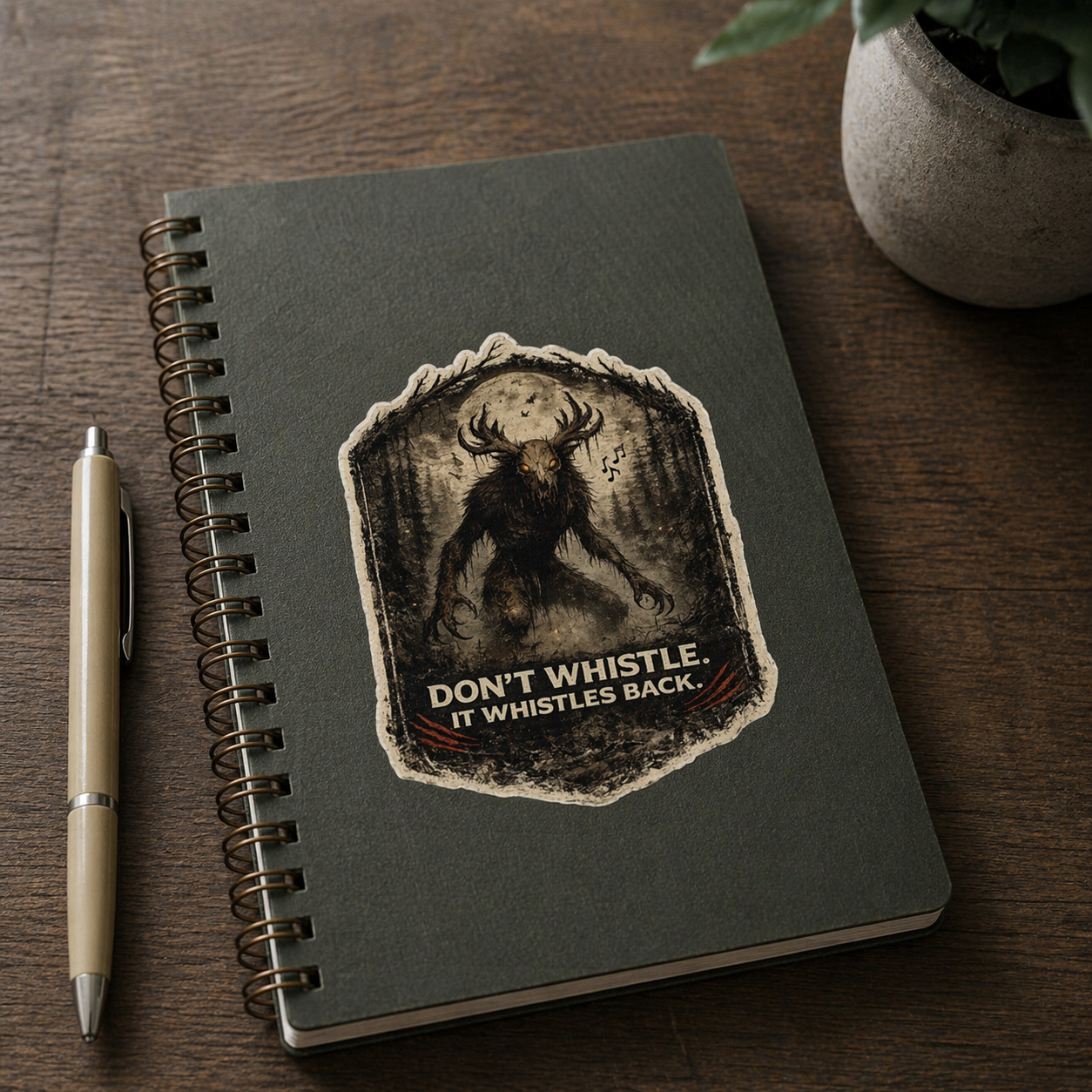 Notebook with a deer skinwalker illustration and text on a wooden surface with a pen and plant.