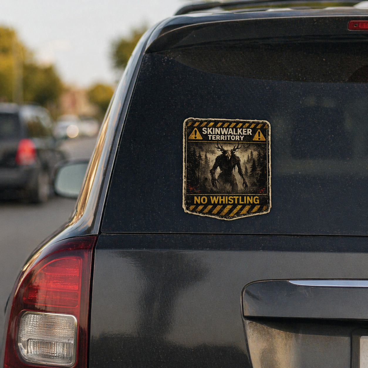 Car with a 'Skinwalker Territory' decal on the back window