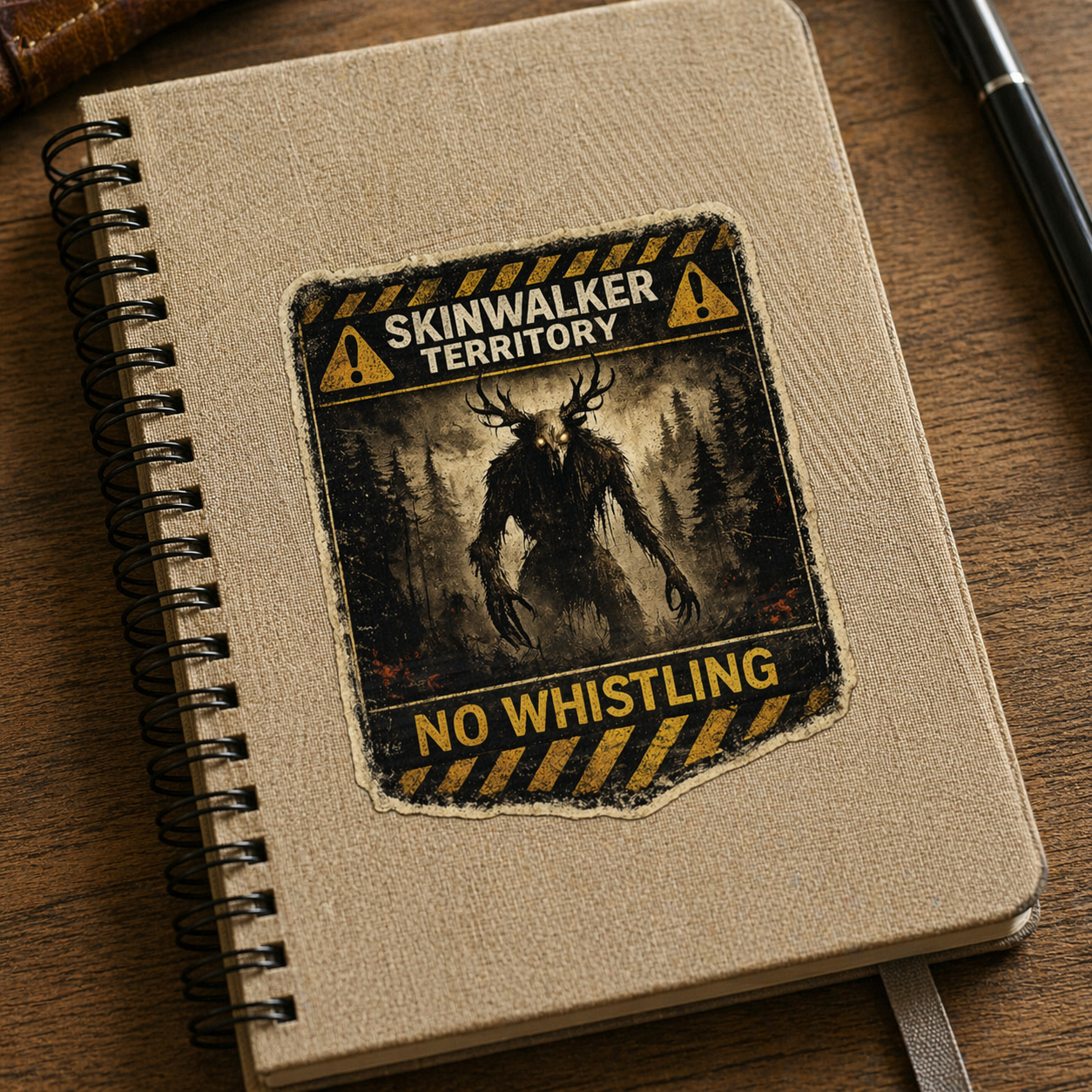Notebook with a 'Skinwalker Territory' patch on a wooden surface