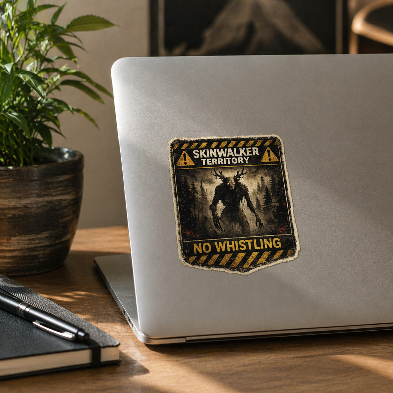 Laptop with a 'Skinwalker Territory' sticker on a wooden desk with a plant in the background