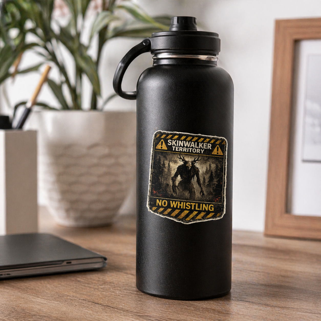 Black water bottle with a 'Skinwalker Territory' label on a wooden desk.