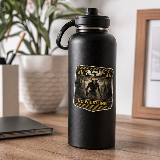 Black water bottle with a 'Skinwalker Territory' label on a wooden desk.