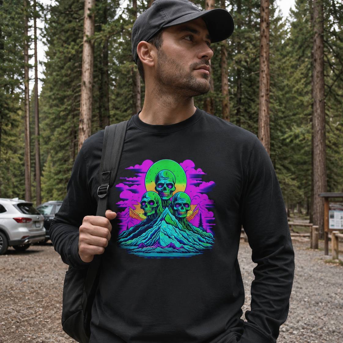 Man wearing a black long-sleeve shirt with a colorful graphic design in a forest setting