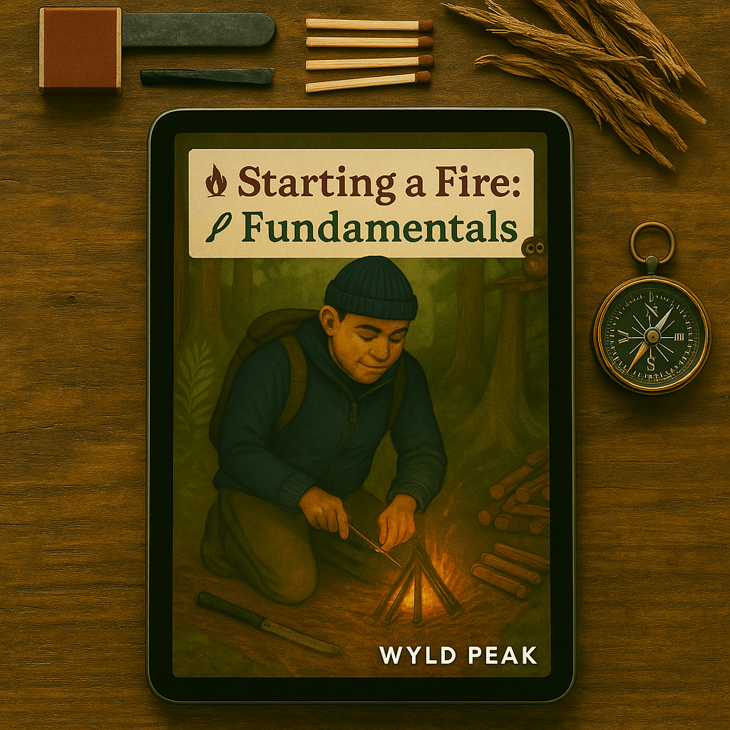 Wyld Peak "Starting a Fire Fundamentals" digital guide displayed on a tablet resting on a table