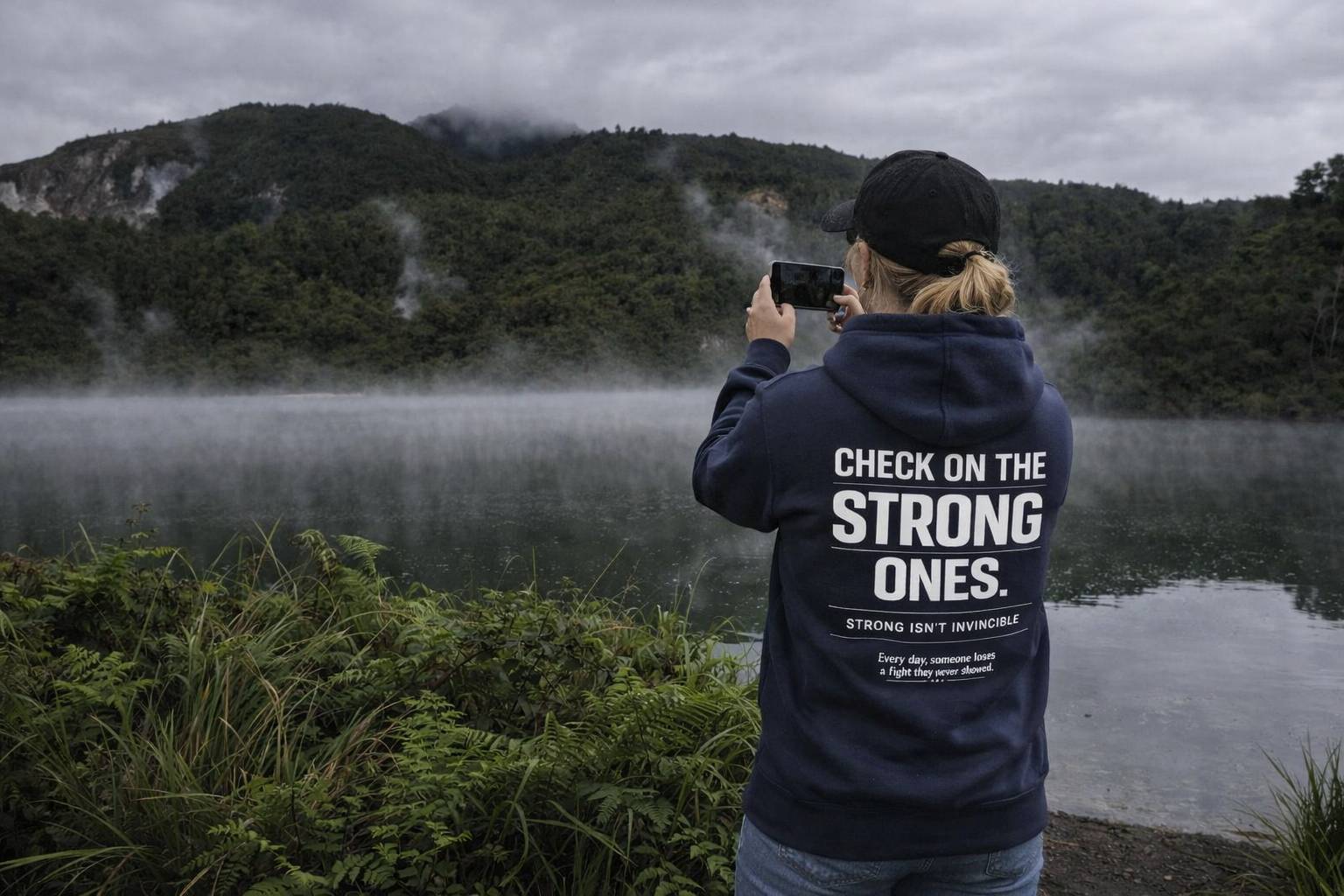Person taking a photo of a lake with mountains in the background, wearing a hoodie with text.