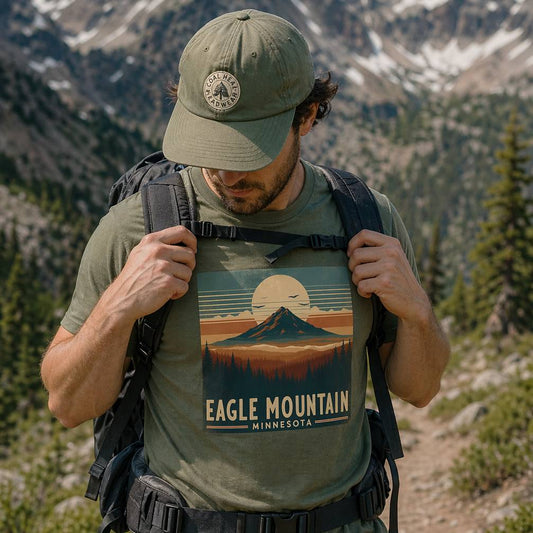 Man wearing a cap and t-shirt with 'Eagle Mountain, Minnesota' design in a mountainous landscape.