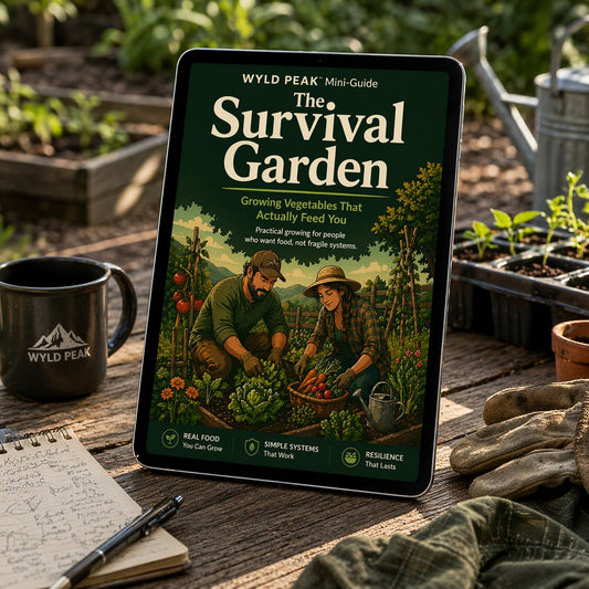 Tablet displaying 'The Survival Garden' book cover on a garden table with gardening tools and plants.