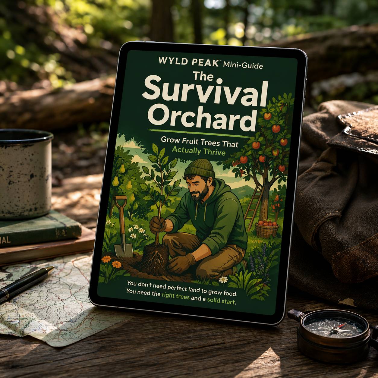 Tablet displaying 'The Survival Orchard' book cover with outdoor setting