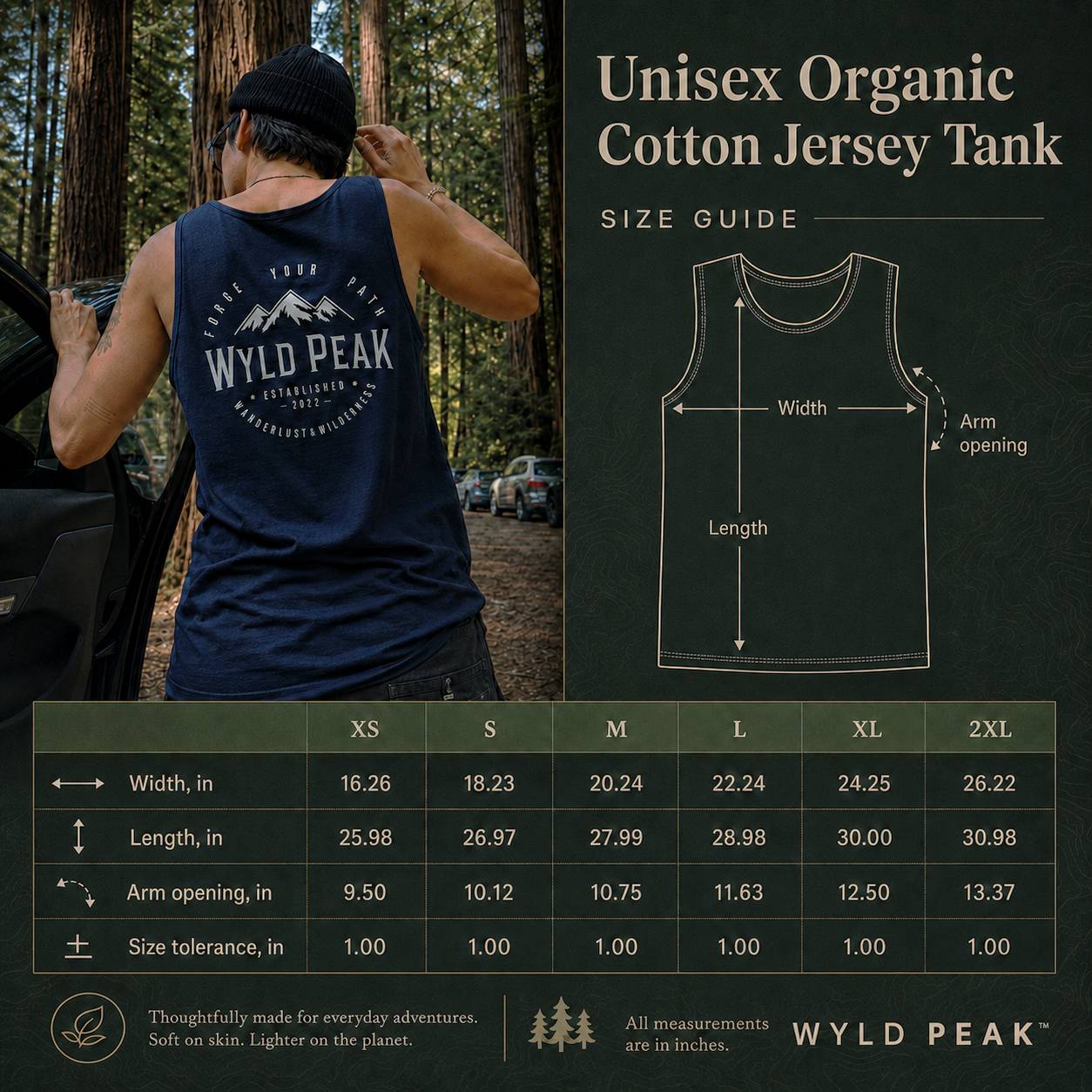 Person wearing a Wyld Peak tank top in a forest setting with size guide and measurement chart.