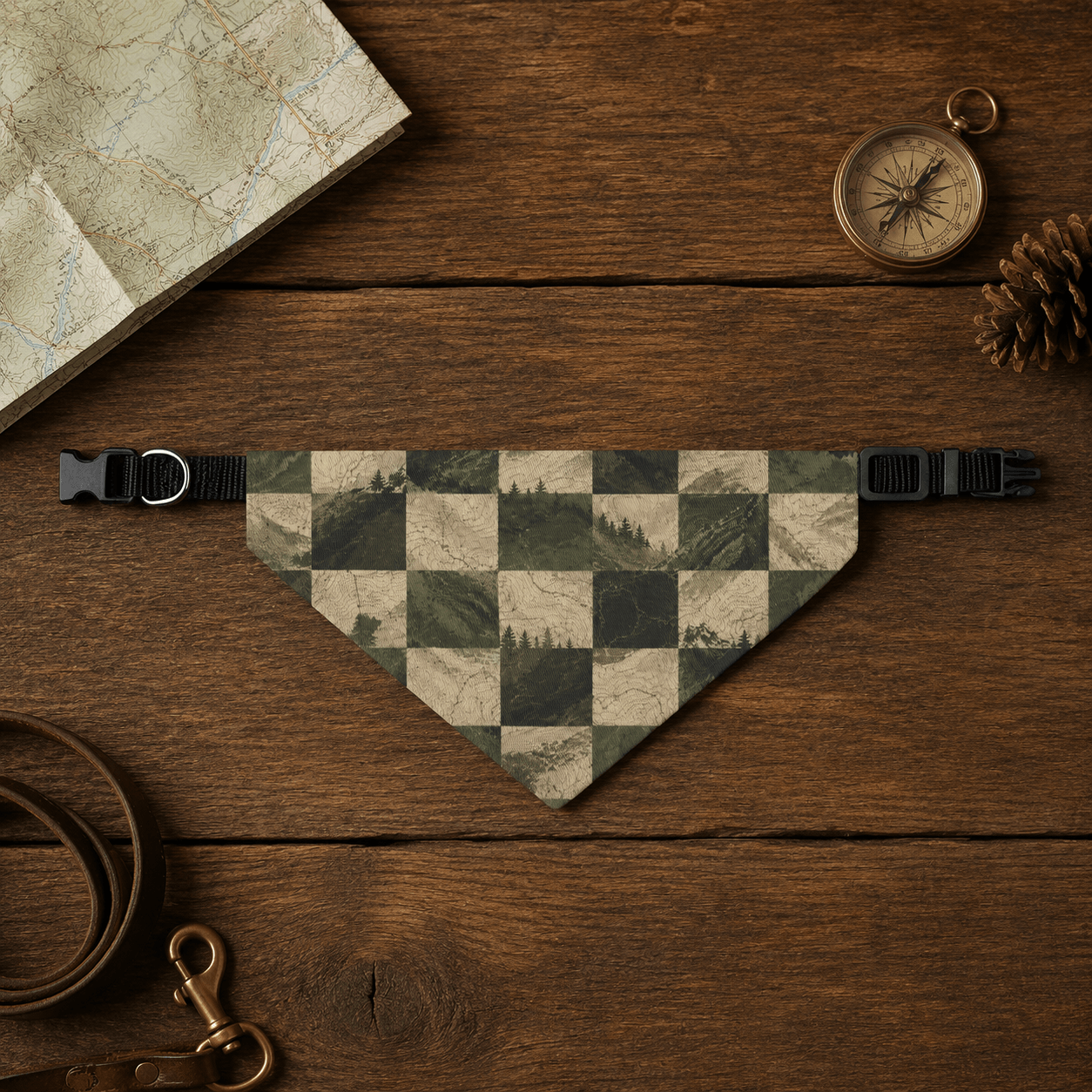 Checkered bandana on a wooden surface with a map, compass, and pine cone.