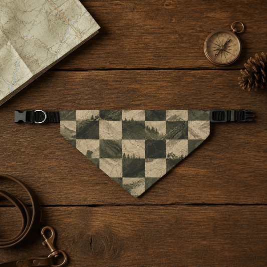 Checkered bandana on a wooden surface with a map, compass, and pine cone.