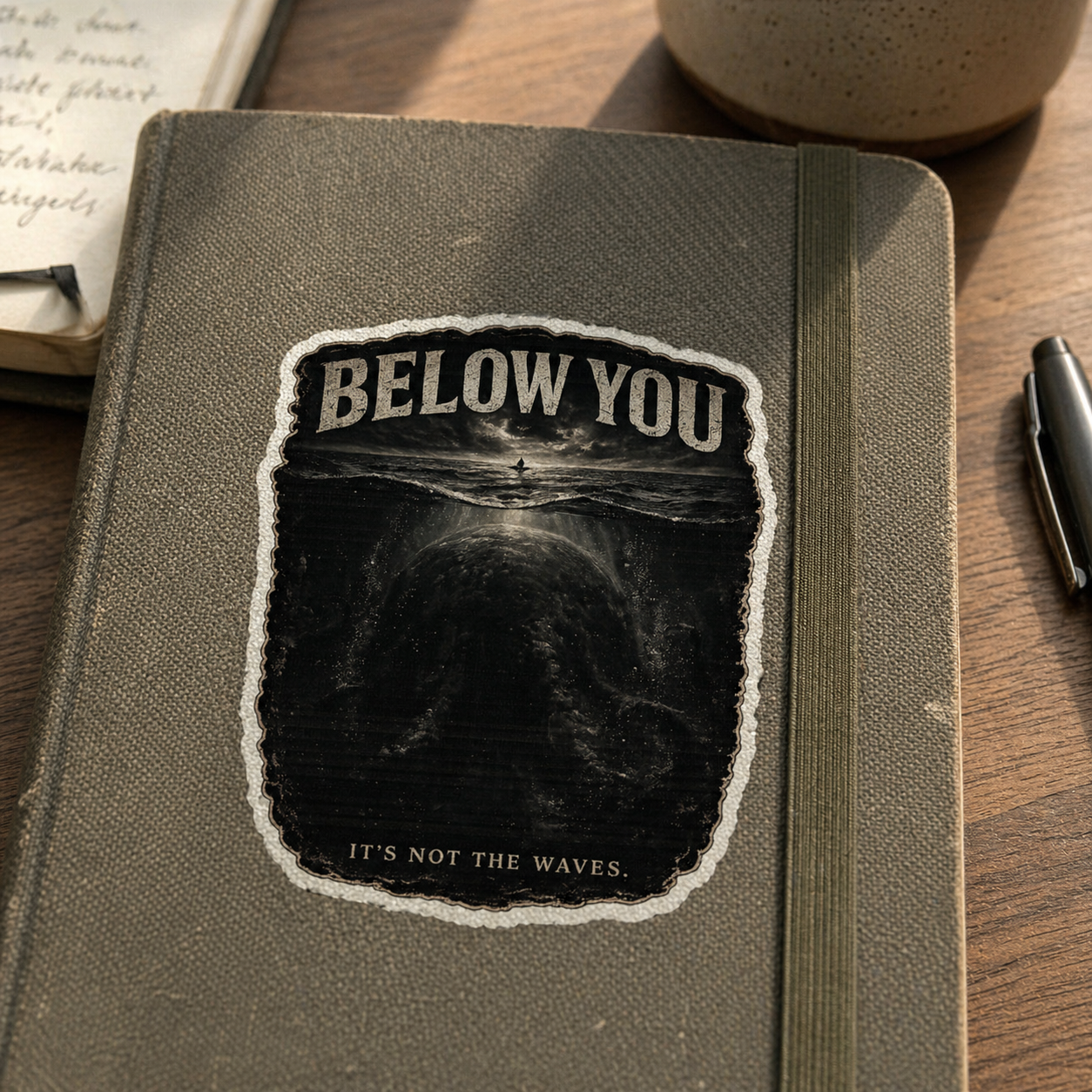 Gray notebook with a sticker on a wooden surface