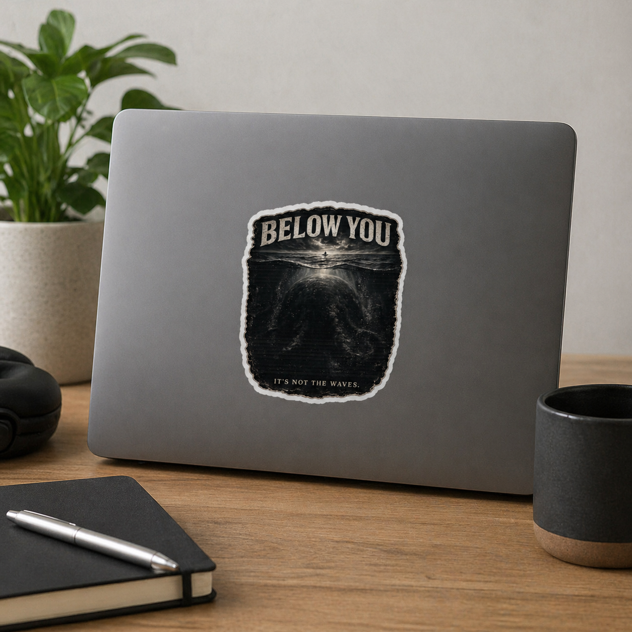 Laptop with a 'Below You' sticker on a desk with a plant and cup in the background