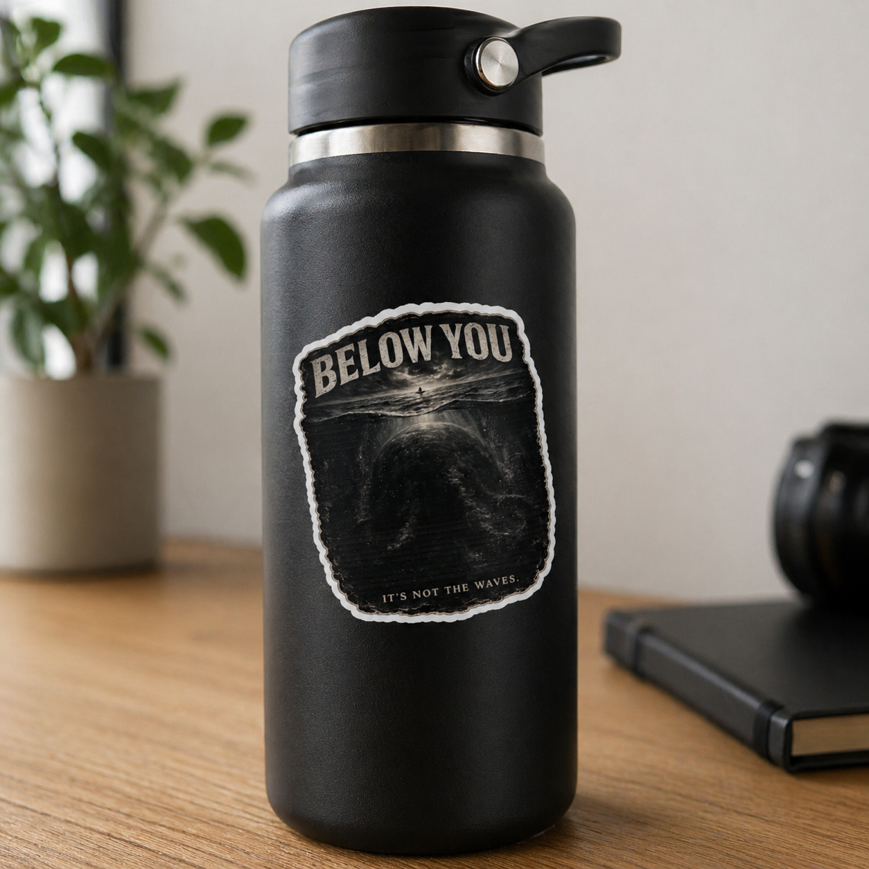 Black water bottle with 'Below You' design on a wooden surface