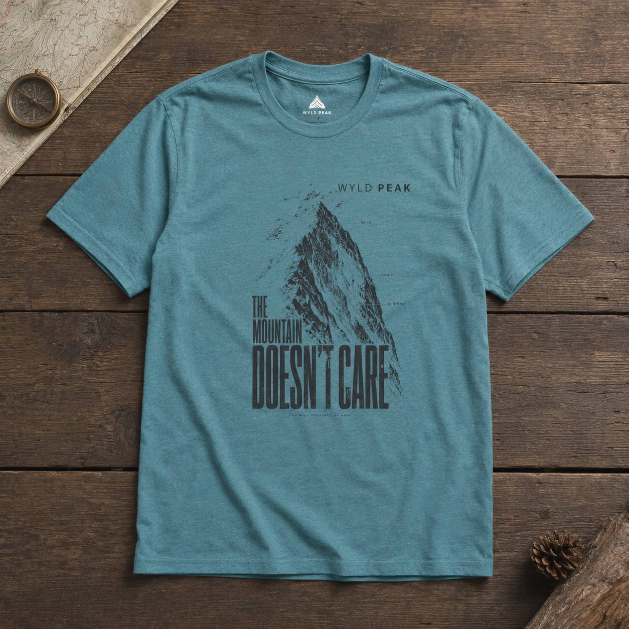 Teal t-shirt with mountain graphic and text on a wooden surface