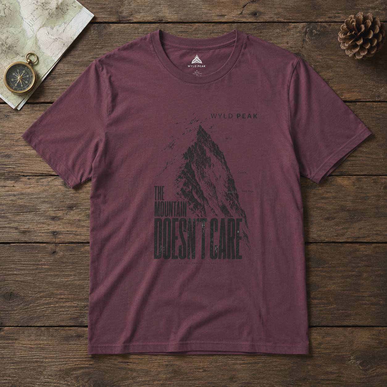 Maroon t-shirt with mountain graphic and text on a wooden surface