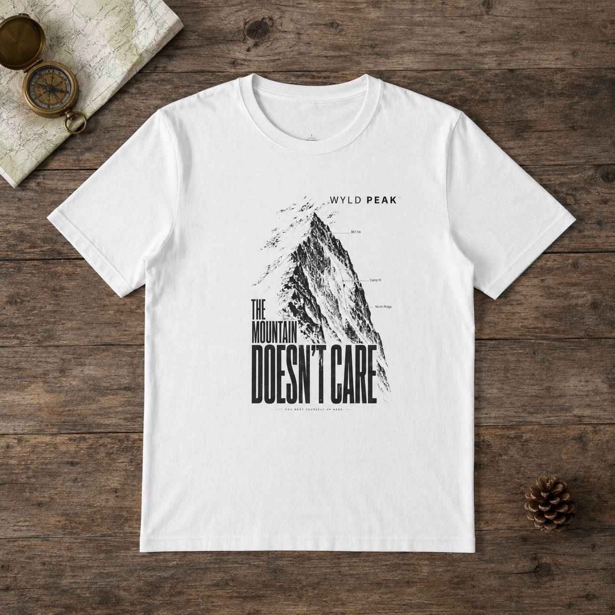 The Mountain Doesn’t Care T Shirt - Stoic Mountaineering Tee