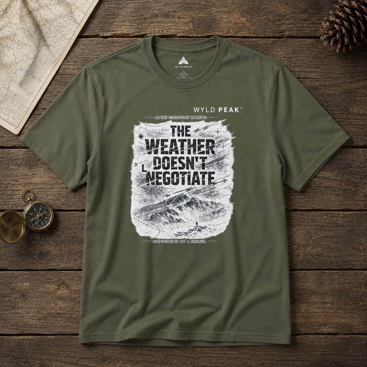 Green t-shirt with mountain graphic and text on a wooden surface