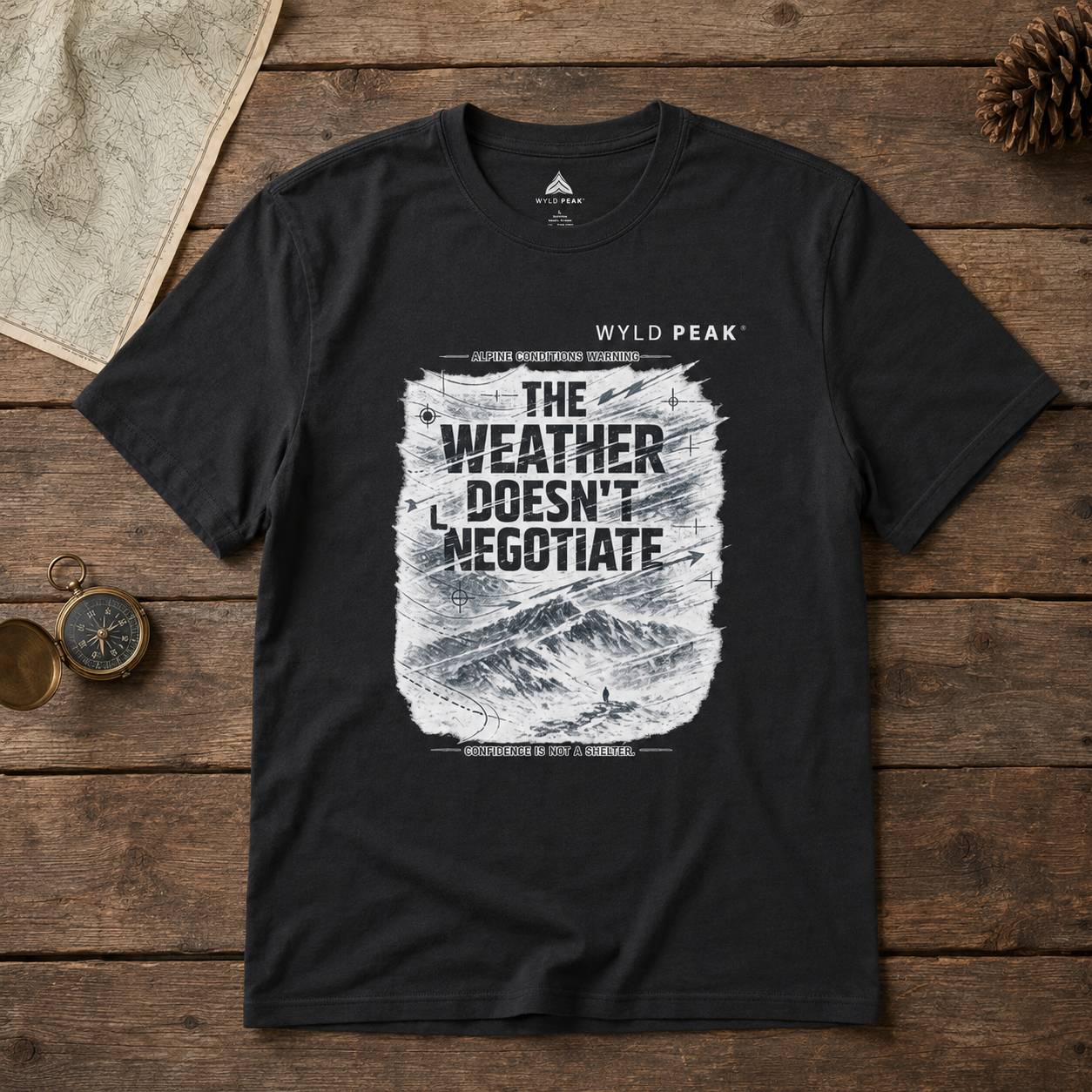 Black t-shirt with mountain graphic and text on a wooden surface with outdoor accessories.