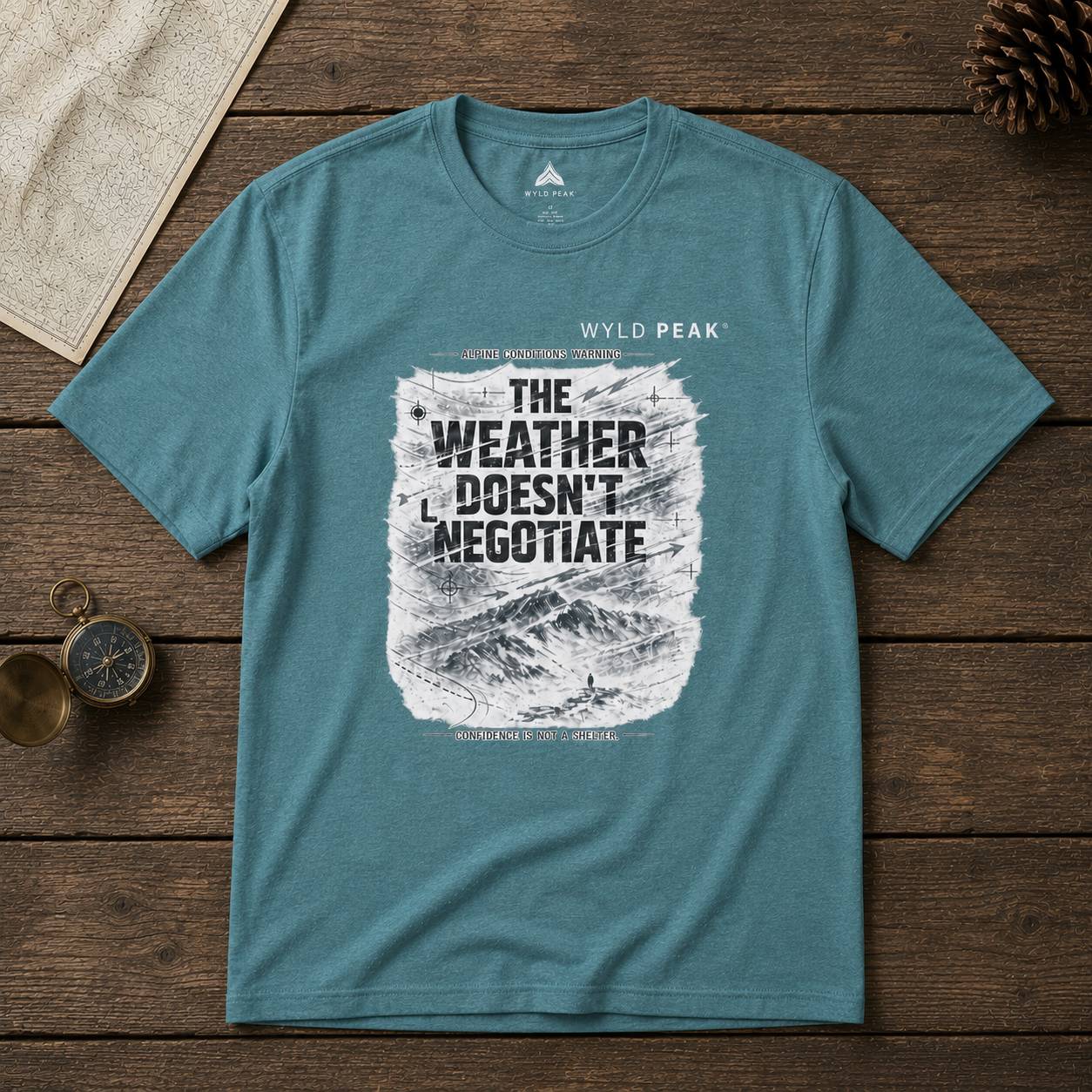 Blue t-shirt with mountain graphic and text on a wooden surface