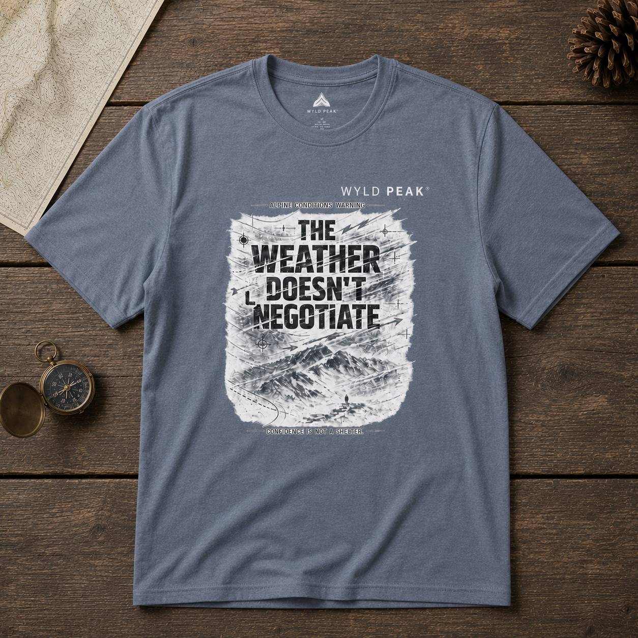 Gray t-shirt with mountain graphic and text on a wooden surface