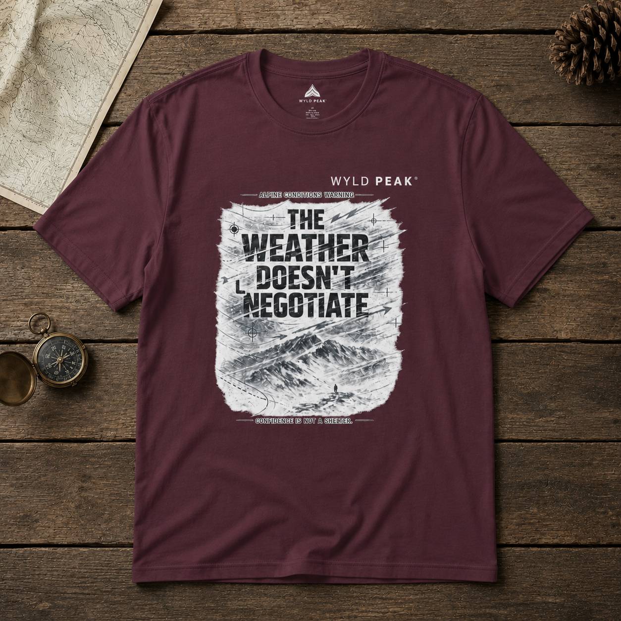 Maroon t-shirt with mountain graphic and text on a wooden surface with outdoor-themed items.