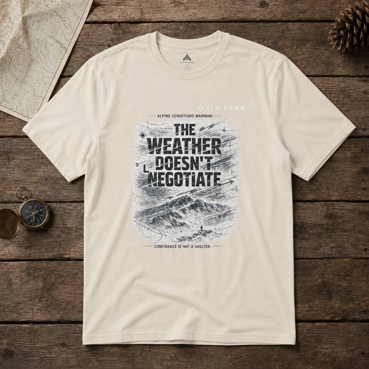 Beige t-shirt with graphic design and text on a wooden surface