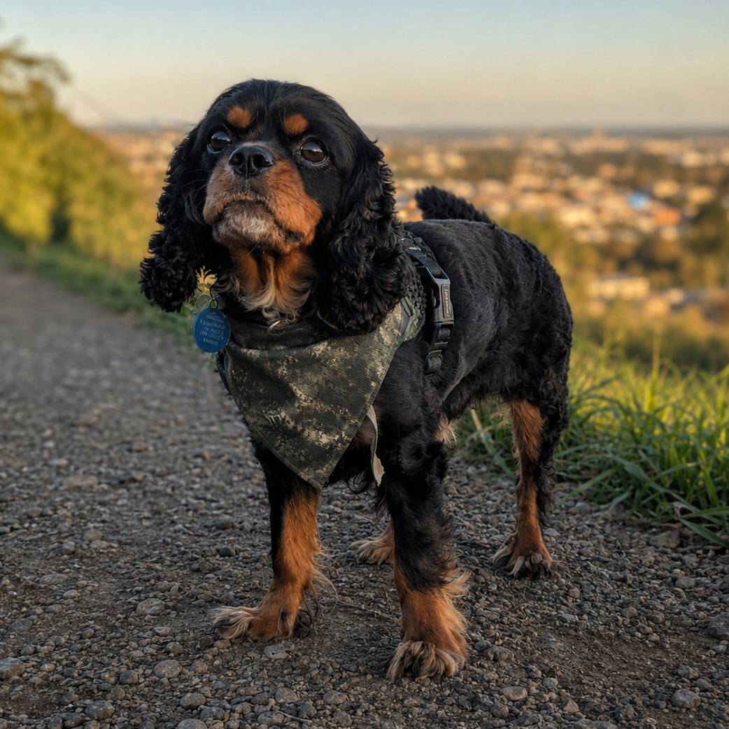 Dog standing on a path with a scenic background