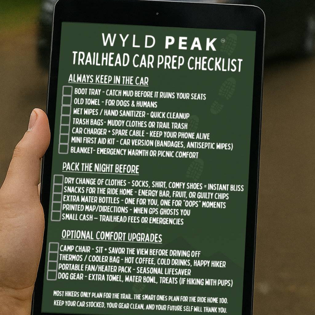 Tablet displaying Wyld Peak Trailhead Car Prep Checklist held by a hand with a car in the background.