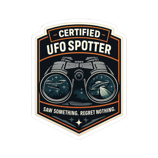 Certified UFO Spotter badge with binoculars and text on a white background