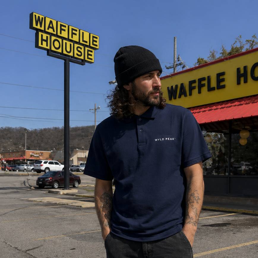Man standing in front of a Waffle House restaurant