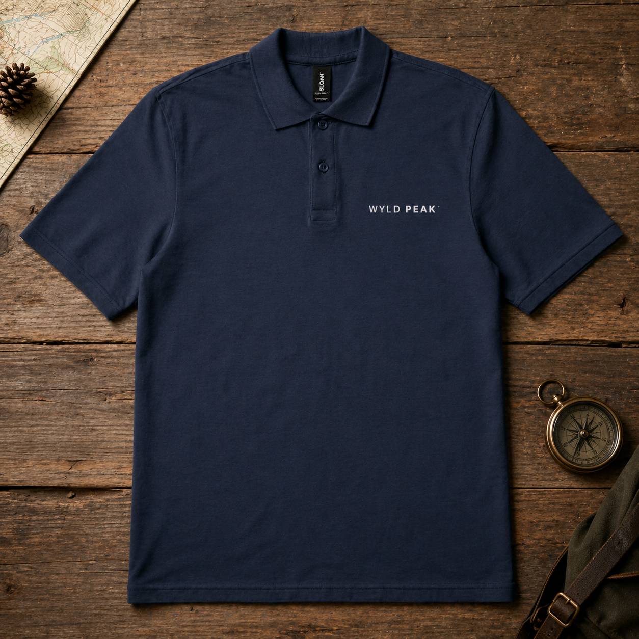 Navy blue polo shirt with 'WYLD PEAK' logo on a wooden surface with compass and map.