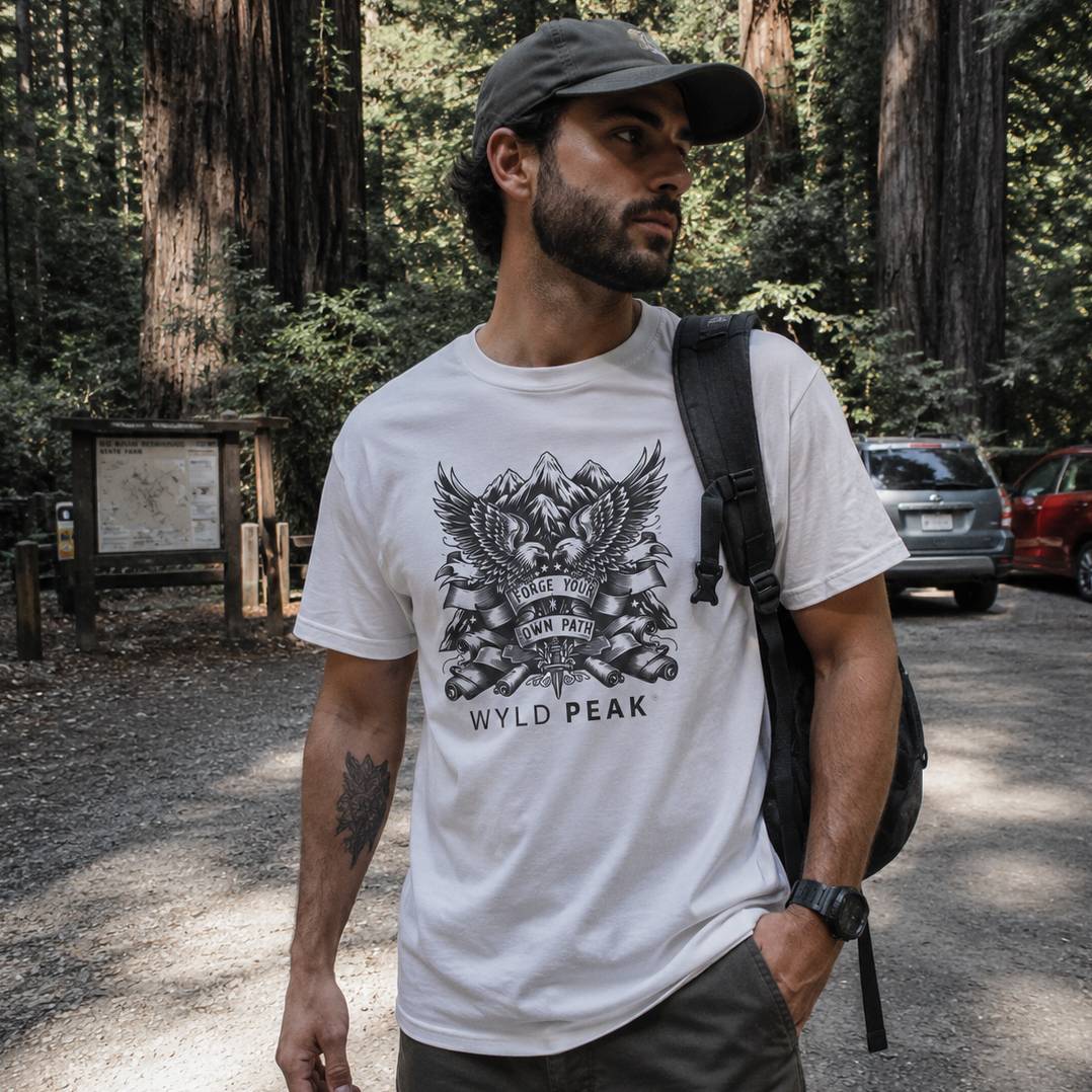 Man wearing a white t-shirt with a logo and text, standing in a forested area.