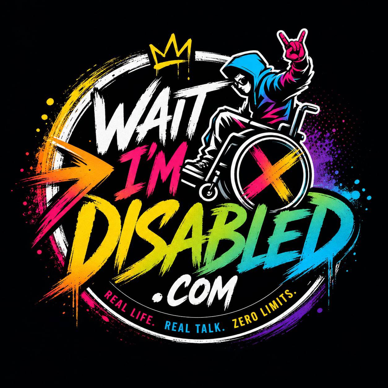 A colorful graphic design on a black background featuring a stylized person in a wheelchair with a pink X on the wheel, surrounded by bold text reading 'WAIT I'M DISABLED .COM' and smaller text 'REAL LIFE.