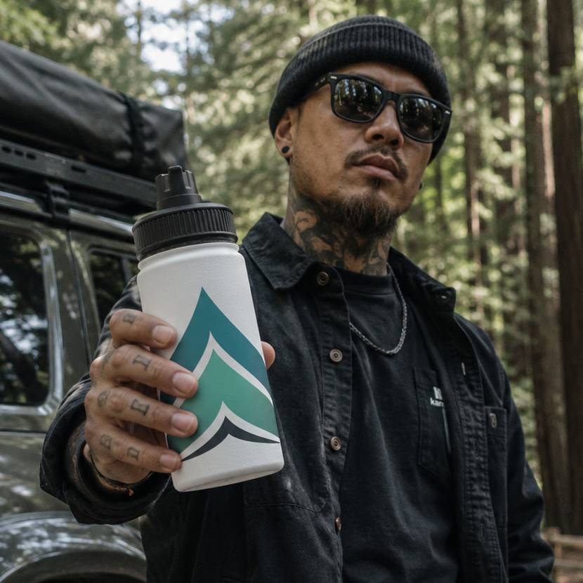 A man in a black shirt and sunglasses holds a white water bottle with a green and black chevron logo, standing next to a black vehicle in a forest setting.
