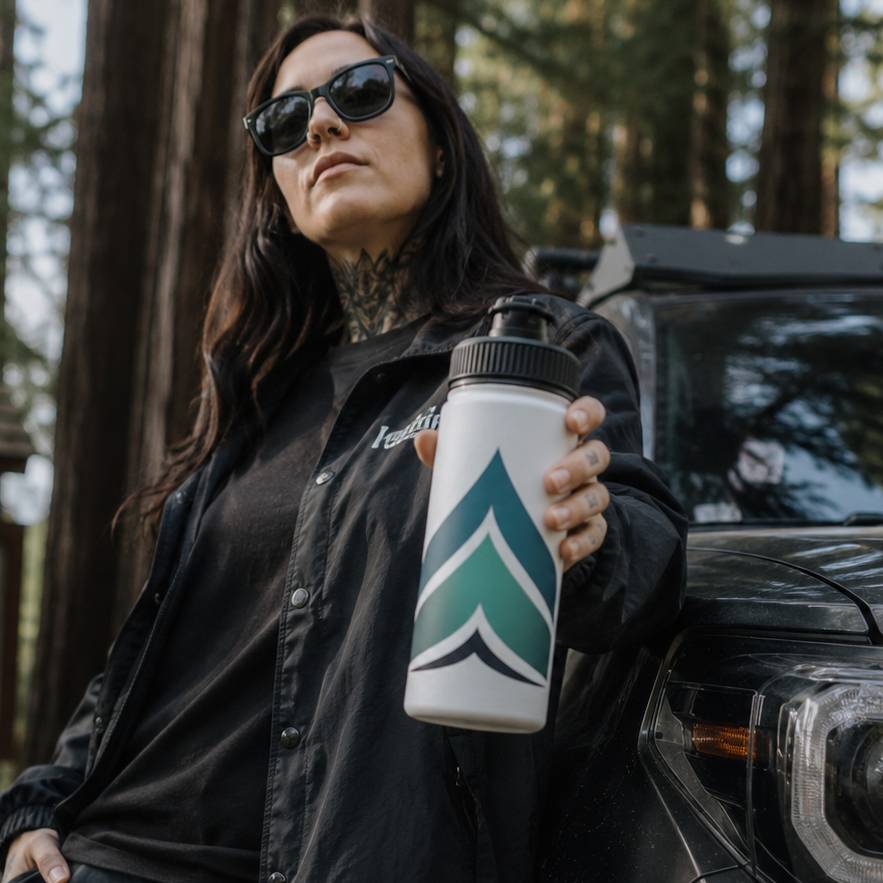 A woman in a black shirt and sunglasses holds a white water bottle with a green and black chevron logo, standing next to a black vehicle in a forest setting.