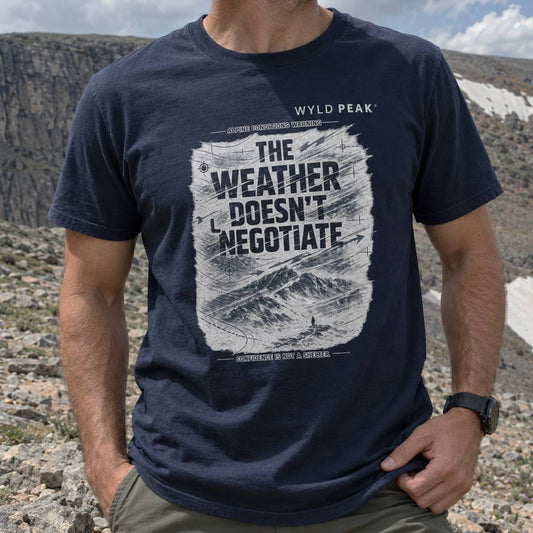 A man wearing a navy blue graphic t-shirt with a white distressed print that reads 'THE WEATHER DOESN'T NEGOTIATE' and 'WYLD PEAK'. The background shows a rocky mountain landscape with some snow patches.