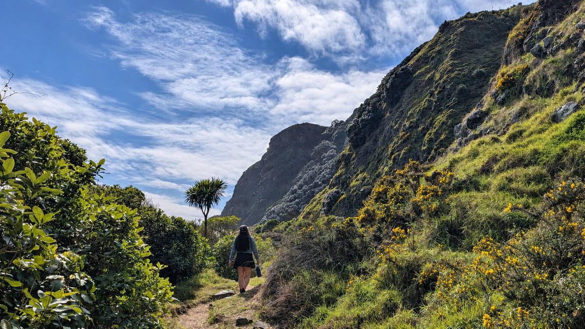 A hiker walks along a dirt trail between lush green hills and a steep rocky mountain under a bright blue sky with white clouds.