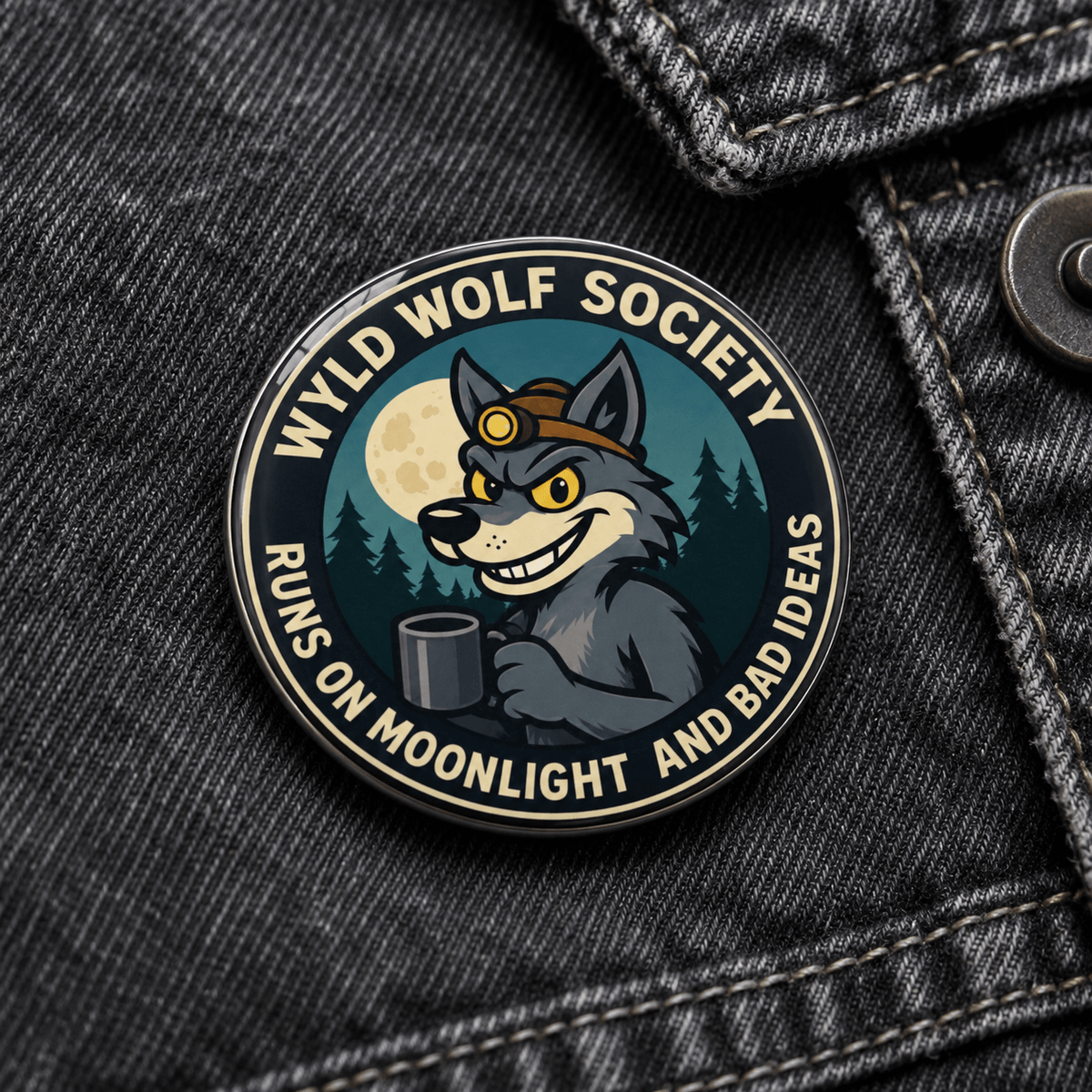 A circular enamel pin featuring a cartoon gray wolf wearing a brown headlamp and holding a mug, with the text 'WYLD WOLF SOCIETY' and 'RUNS ON MOONLIGHT AND BAD IDEAS' on a dark denim background.