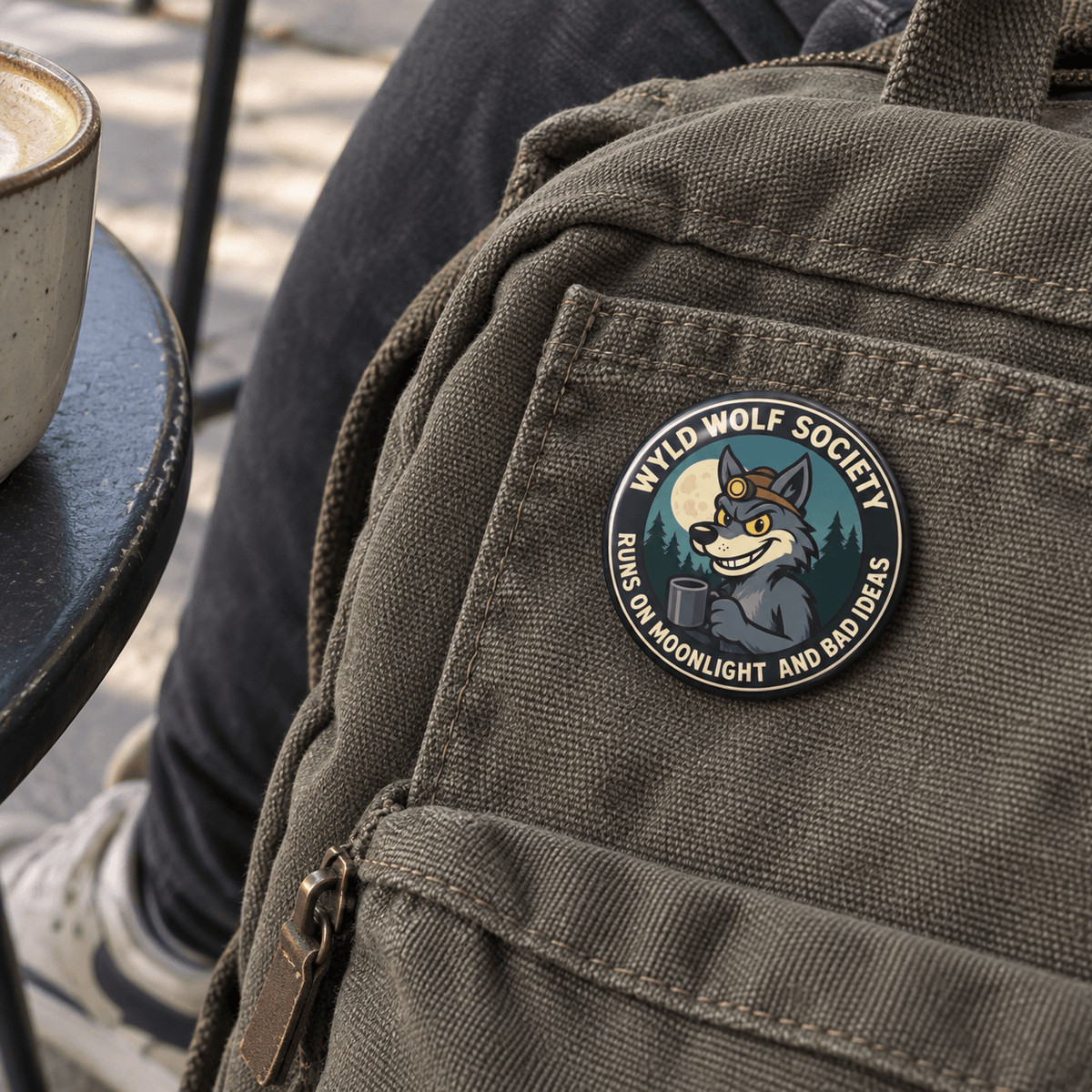 A close-up of an olive green canvas backpack with a circular embroidered patch featuring a wolf character and the text 'WILD WOLF SOCIETY' and 'RUNS ON MOONLIGHT AND BAD IDEAS'. A person's leg and a coffee cup are visible in the background, indicating a lifestyle setting.
