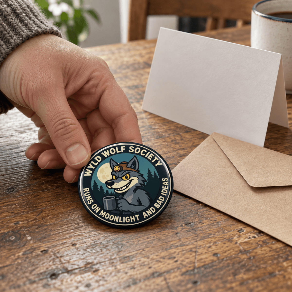 A hand holds a round enamel pin featuring a cartoon wolf with the text 'WILD WOLF SOCIETY' and 'RUNS ON MOONLIGHT AND BAD IDEAS'. The pin is displayed on a rustic wooden table next to a blank card and an envelope.